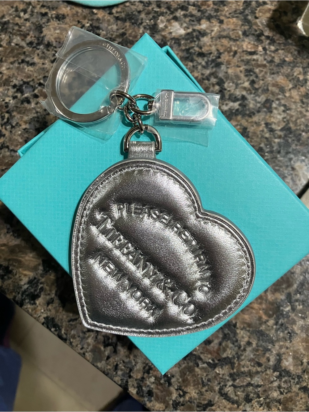 Tiffany & Co. Metallic Silver Heart Keyring Charm with Embossed Logo